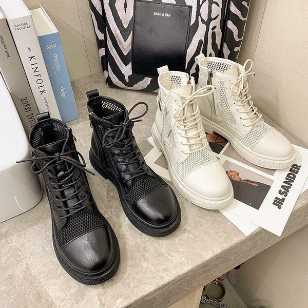 boots summer thin women 2021 side zipper soft leather british style breathable hollow mesh sandals, Black 
boots summer thin women 2021 side zipper soft leather british style breathable hollow mesh sandals, Black