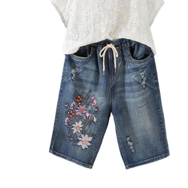women's shorts women summer elastic waist floral embroidery drawstring ripped female office lady casual loose denim short p159, White;black
women's shorts women summer elastic waist floral embroidery drawstring ripped female office lady casual loose denim short p159, White;black