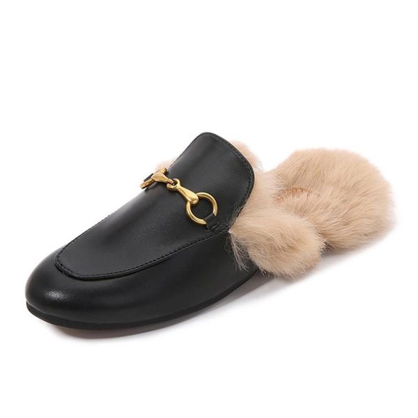 slippers autumn winter women's round toe classic horsebit buckle fluffy fur lazy shoes fashion women mules, Black