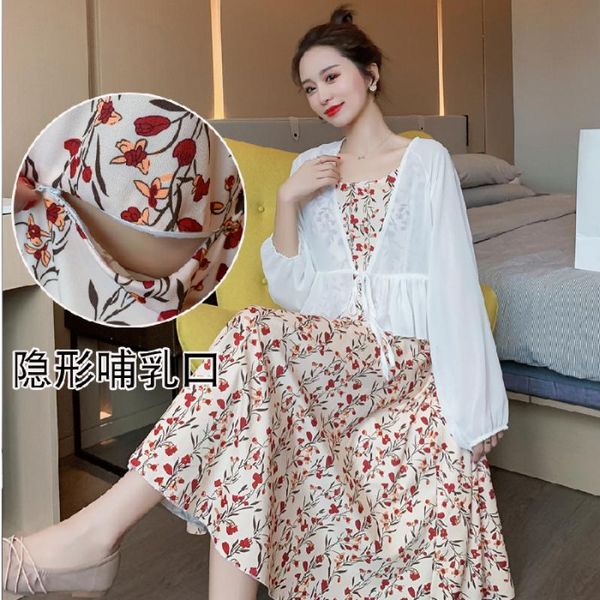 9925# 2021 spring summer floral print chiffon maternity nursing long dress+ cover set beach style feeding clothes for pregnant dresses, White
9925# 2021 spring summer floral print chiffon maternity nursing long dress+ cover set beach style feeding clothes for pregnant dresses, White