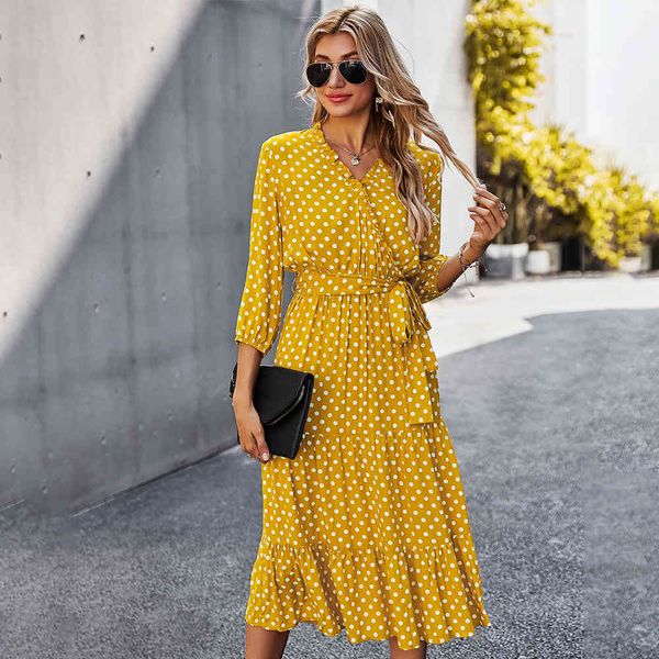 women long dress spring summer cotton dots printing draped v-neck ankle-length with belt casual women's dress 210524, Black;gray
women long dress spring summer cotton dots printing draped v-neck ankle-length with belt casual women's dress 210524, Black;gray