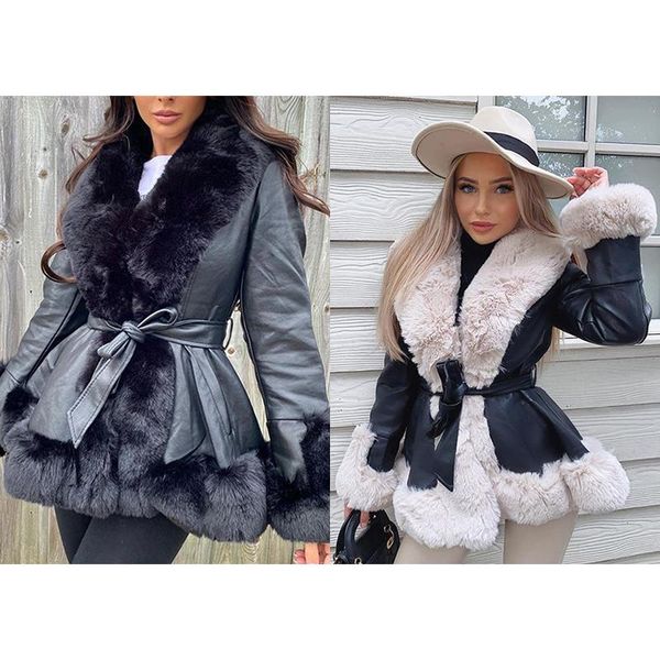 women's leather & faux elina pu short jackets women fashion tie belt waist coats elegant side pockets fur female ladies, Black
women's leather & faux elina pu short jackets women fashion tie belt waist coats elegant side pockets fur female ladies, Black