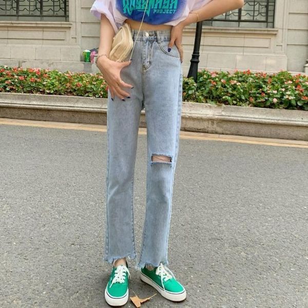 women's jeans summer korean fashion retro light color high waist ripped straight loose wild thin women 2021 pants, Blue
women's jeans summer korean fashion retro light color high waist ripped straight loose wild thin women 2021 pants, Blue