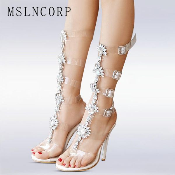 plus size 34-50 fashion gorgeous crystal flower high heel women sandal boot gladiator knee transparent buckle sandals, Black