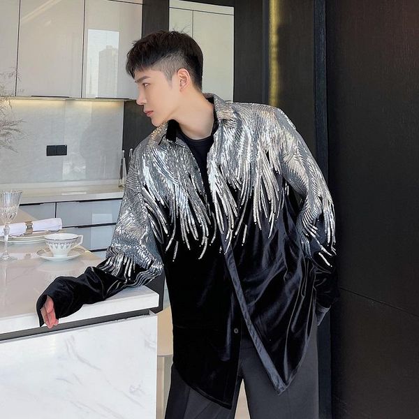 men's casual shirts good quality sequined shirt mens black long sleeve velvet harajuku vintage oversized blusas stage performance costu, White;black
men's casual shirts good quality sequined shirt mens black long sleeve velvet harajuku vintage oversized blusas stage performance costu, White;black