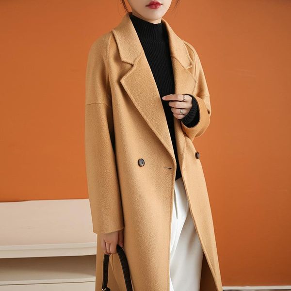 women's wool & blends mid long double faced cashmere overcoat for women in autumn and winter 2021, Black
women's wool & blends mid long double faced cashmere overcoat for women in autumn and winter 2021, Black