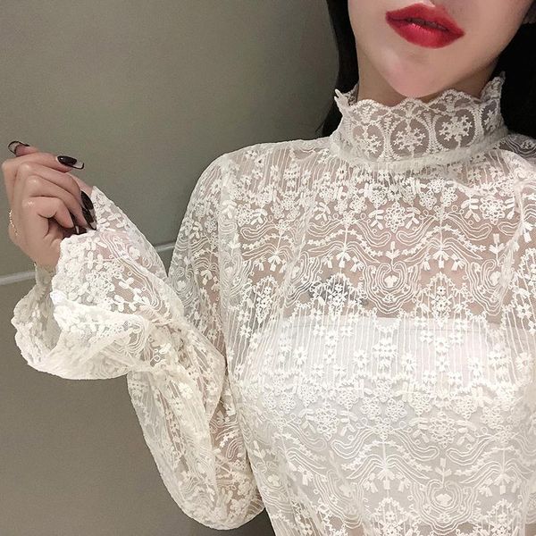 women's blouses & shirts 2021 spring girls lace tees female stand neck full flare sleeve elasticity for women, White
women's blouses & shirts 2021 spring girls lace tees female stand neck full flare sleeve elasticity for women, White