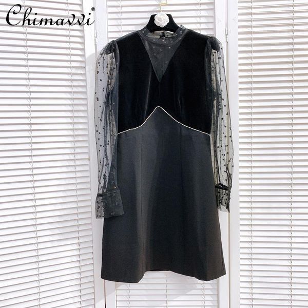 casual dresses 2021 autumn dress temperament mesh long sleeve stitching velvet short skirt fashion european style slim feminine, Black;gray
casual dresses 2021 autumn dress temperament mesh long sleeve stitching velvet short skirt fashion european style slim feminine, Black;gray