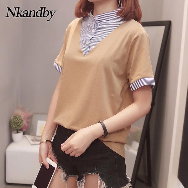 women's t-shirt plus size tshirt women 2021 summer korean short sleeve oversize striped patchwork button stand collar fashion ladies to, White
women's t-shirt plus size tshirt women 2021 summer korean short sleeve oversize striped patchwork button stand collar fashion ladies to, White