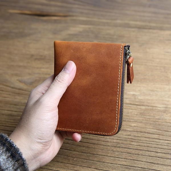 handmade leather short men's wallet crazy horse skin zipper money clip layer ultra thin fashion purse wallets, Red;black 
handmade leather short men's wallet crazy horse skin zipper money clip layer ultra thin fashion purse wallets, Red;black
