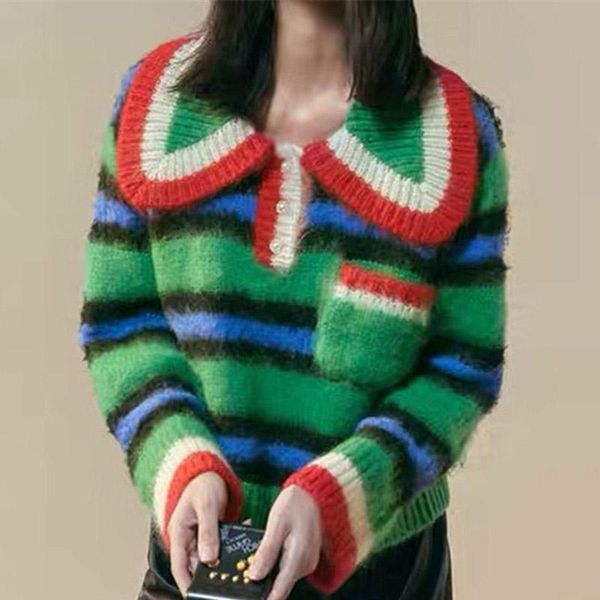 women's sweaters chic striped green mohair sweater 2021 autumn winter pullover women lapel long sleeve loose casual pullovers jumpers, White;black
women's sweaters chic striped green mohair sweater 2021 autumn winter pullover women lapel long sleeve loose casual pullovers jumpers, White;black