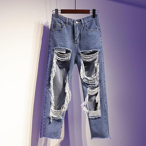women's jeans spring and summer big hole loose korean size daddy pants social beggars straight tube capris, Blue
women's jeans spring and summer big hole loose korean size daddy pants social beggars straight tube capris, Blue