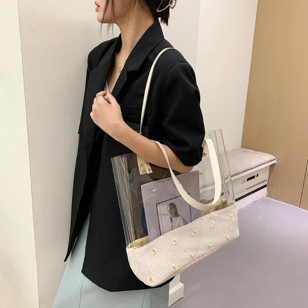 evening bags summer women transparent shoulder bag daisy flower print shopper pvc+woven patchwork hand girls large capacity tote
evening bags summer women transparent shoulder bag daisy flower print shopper pvc+woven patchwork hand girls large capacity tote