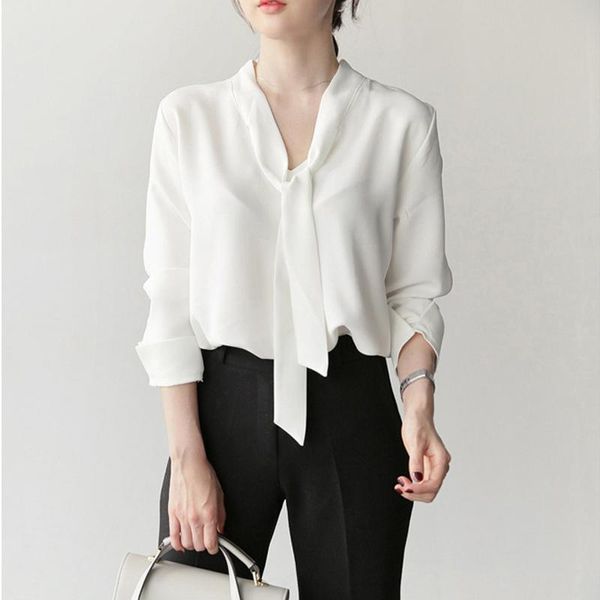 women shirt office ladies blouse elegant fashion simple v-neck long sleeve loose bow casual soft women's blouses & shirts, White
women shirt office ladies blouse elegant fashion simple v-neck long sleeve loose bow casual soft women's blouses & shirts, White