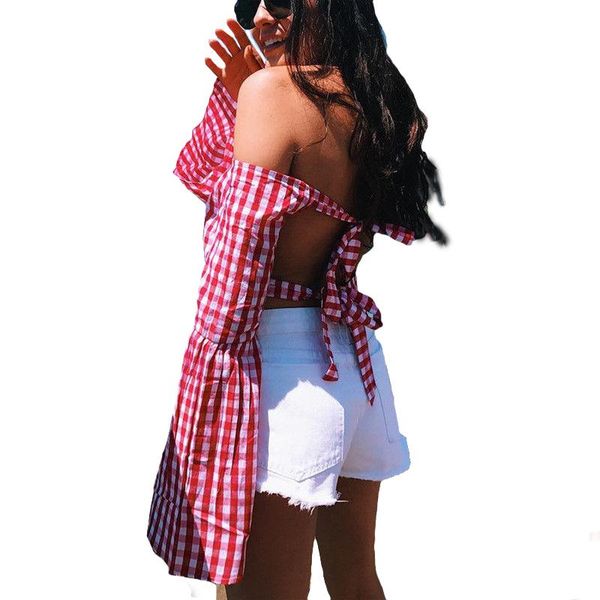 women's blouses & shirts fashion women back bowknot tie red plaid backless halter blouse slash neck flare sleeve blusas crop top, White
women's blouses & shirts fashion women back bowknot tie red plaid backless halter blouse slash neck flare sleeve blusas crop top, White