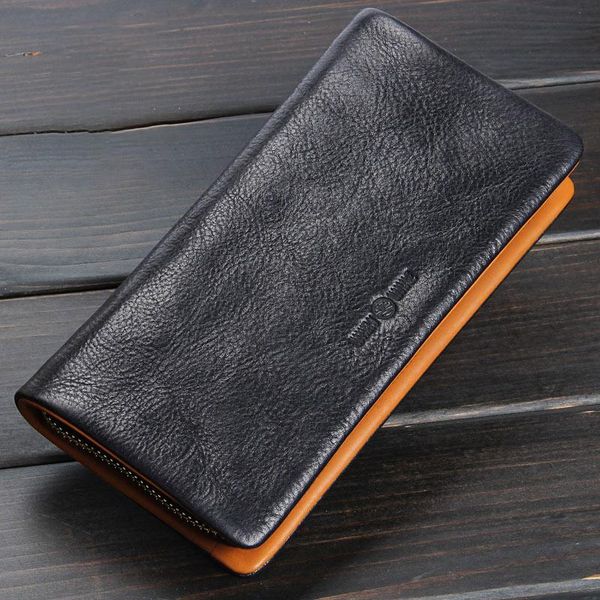 wallets handmade leather zipper wallet, long retro crazy horse large capacity wallet, Red;black
