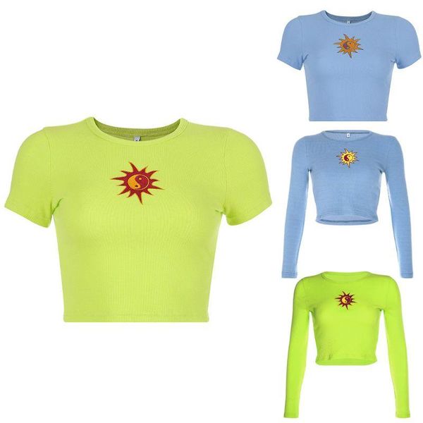women's t-shirt women short/long sleeve navel crop tai chi sun embroidery ribbed knit fluorescent o-neck slim fit streetwear, White
women's t-shirt women short/long sleeve navel crop tai chi sun embroidery ribbed knit fluorescent o-neck slim fit streetwear, White