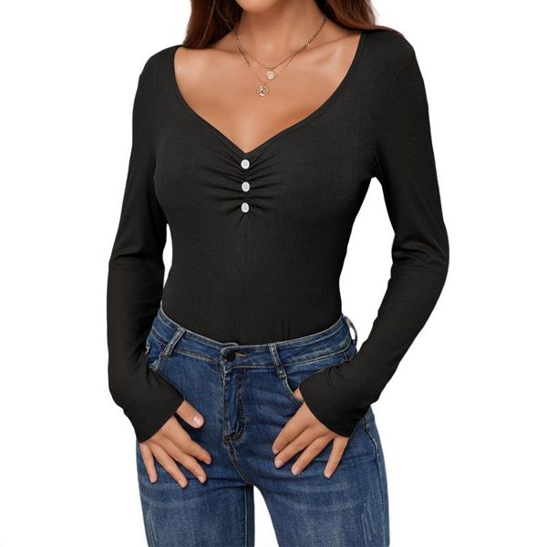 women's t-shirt ladies casual long sleeve women retro style solid color button decoration v-neck chest ruched slim base shirt, White
women's t-shirt ladies casual long sleeve women retro style solid color button decoration v-neck chest ruched slim base shirt, White