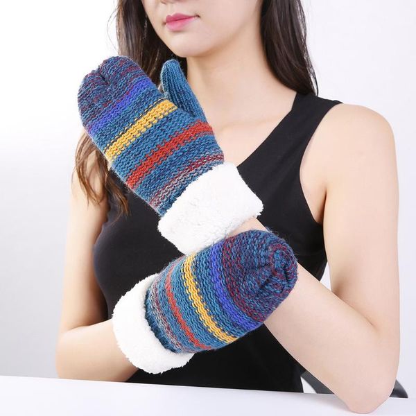 five fingers gloves fashion women' winter stripe mixed color knitted wool plush thickened mittens women, Blue;gray
five fingers gloves fashion women' winter stripe mixed color knitted wool plush thickened mittens women, Blue;gray