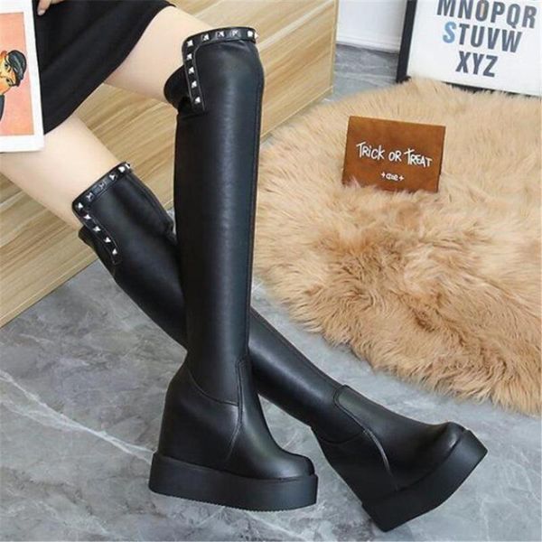 boots thick bottomed over the knee women's slope heel height increasing elastic leather shoes autumn winter slim long bootie, Black
boots thick bottomed over the knee women's slope heel height increasing elastic leather shoes autumn winter slim long bootie, Black