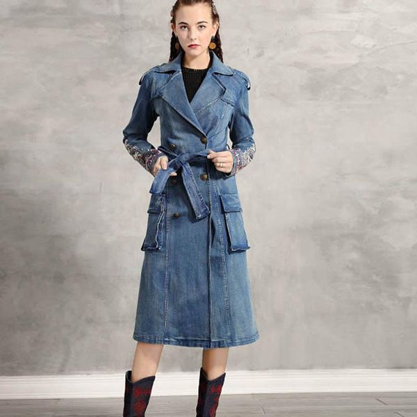 women's trench coats denim double breasted women long sleeve s-xl vintage embroidery turn down collar autumn knee length, Tan;black 
women's trench coats denim double breasted women long sleeve s-xl vintage embroidery turn down collar autumn knee length, Tan;black