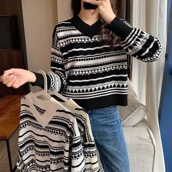 women's sweaters casual basic striped knitted winter sweater female v-neck long-sleeves korean style warm teen y2k, White;black
women's sweaters casual basic striped knitted winter sweater female v-neck long-sleeves korean style warm teen y2k, White;black