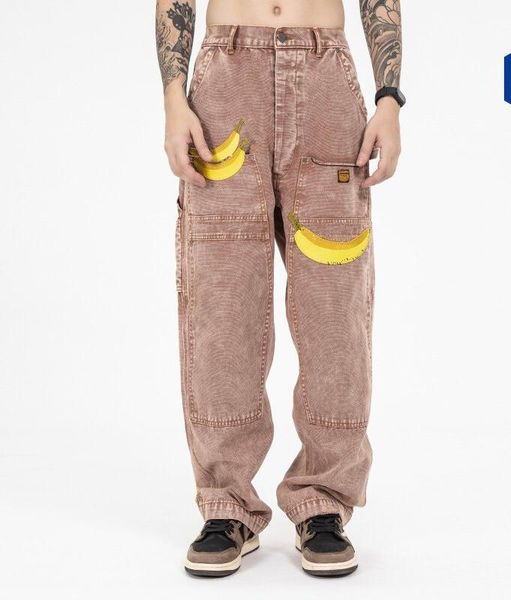 men's jeans brand fashion banana embroidery casual loose multi-pocket cargo pants trousers, Blue 
men's jeans brand fashion banana embroidery casual loose multi-pocket cargo pants trousers, Blue