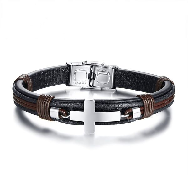 black brown color fashion simple men's leather weave bangle stainless steel cross bracelet watchband jewelry gift for men boys j418
black brown color fashion simple men's leather weave bangle stainless steel cross bracelet watchband jewelry gift for men boys j418
