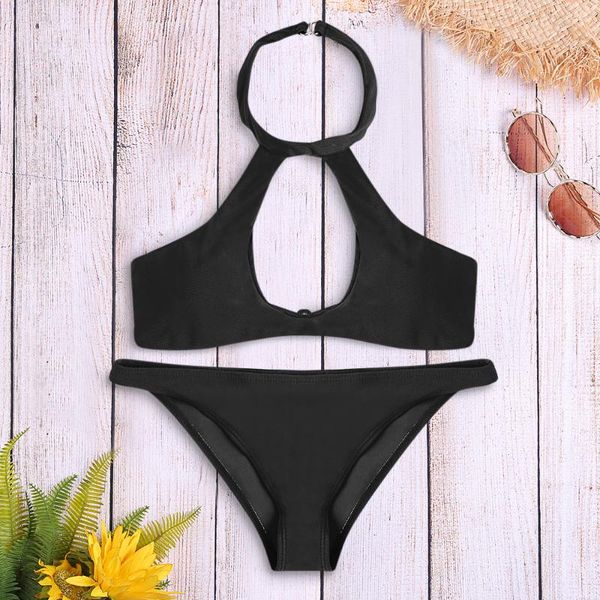 women's swimwear halter neck backless cut out padded low waist solid color women bikini set, White;black
women's swimwear halter neck backless cut out padded low waist solid color women bikini set, White;black