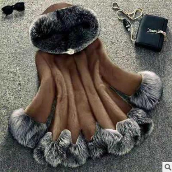 women's fur & faux imitation coat full mink medium length with hat long, Black