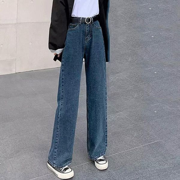 women's jeans wide leg high waist women full length button straight pocket pants 2021 autumn fashion lady denim trouser, Blue 
women's jeans wide leg high waist women full length button straight pocket pants 2021 autumn fashion lady denim trouser, Blue