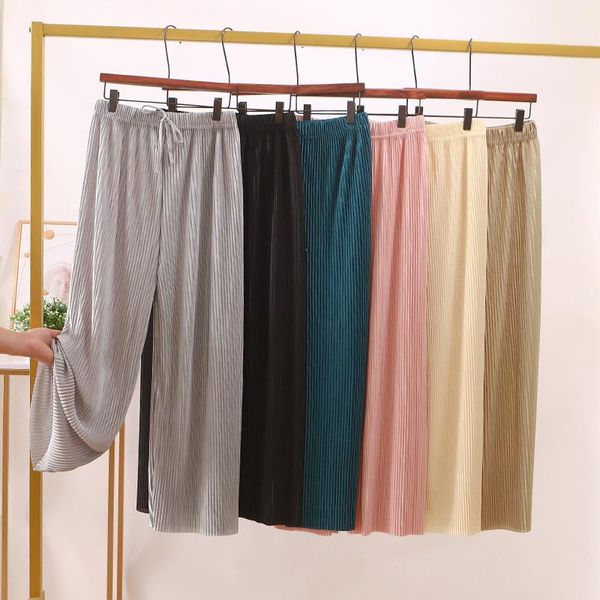 high waist pants ladies spring and summer ice silk wide-leg korean trousers loose straight casual pijamas women women's & capris, Black;white 
high waist pants ladies spring and summer ice silk wide-leg korean trousers loose straight casual pijamas women women's & capris, Black;white