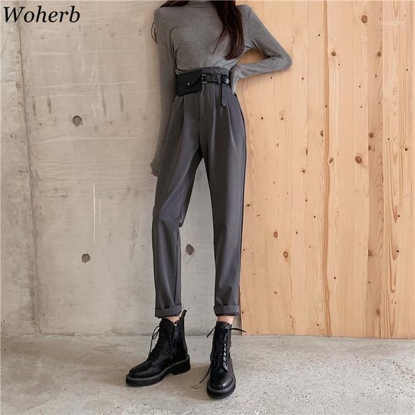 women's pants & capris woherb office lady black gray suit with belt bag women high waist solid trousers fashion pockets pantalones, Black;white
women's pants & capris woherb office lady black gray suit with belt bag women high waist solid trousers fashion pockets pantalones, Black;white