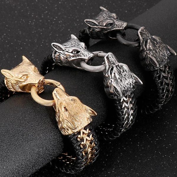 tennis punk rock stainless steel male jewelry viking double wolf head genuine leather men's bracelet biker homme armband cool wristband, Golden;silver
tennis punk rock stainless steel male jewelry viking double wolf head genuine leather men's bracelet biker homme armband cool wristband, Golden;silver