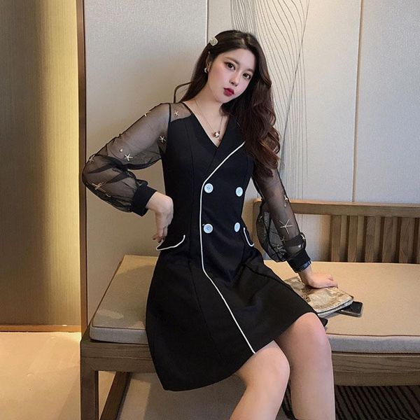 casual dresses korean vogue mesh stitching dress v-neck black vestidos women embroidery sleeve double breasted a-line mini party, Black;gray
casual dresses korean vogue mesh stitching dress v-neck black vestidos women embroidery sleeve double breasted a-line mini party, Black;gray