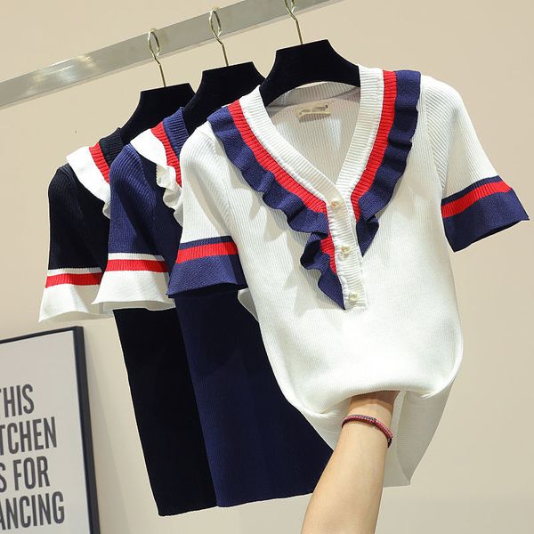 women's sweaters ruffled short-sleeved knitted female stitching slim button color matching v-neck pullover women spring summer gbb, White;black
women's sweaters ruffled short-sleeved knitted female stitching slim button color matching v-neck pullover women spring summer gbb, White;black