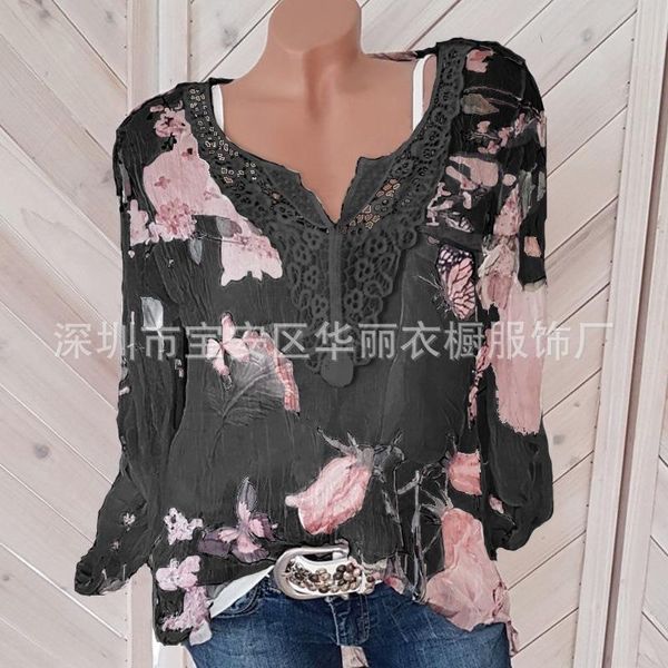 women's blouses & shirts oversized blouse 2021 summer shirt long-sleeved printed lace v-neck chiffon women, White
women's blouses & shirts oversized blouse 2021 summer shirt long-sleeved printed lace v-neck chiffon women, White