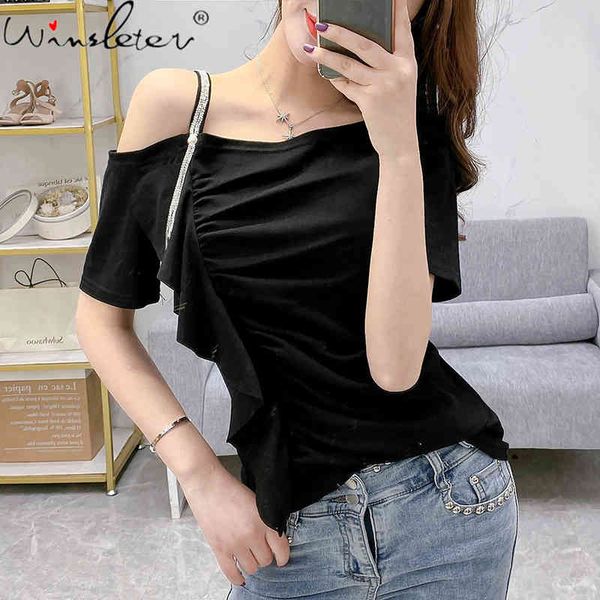 women's t-shirt summer korean clothes loose cotton ruffles shiny diamonds chain off shoulder women casual tees 2021 t133, White
women's t-shirt summer korean clothes loose cotton ruffles shiny diamonds chain off shoulder women casual tees 2021 t133, White