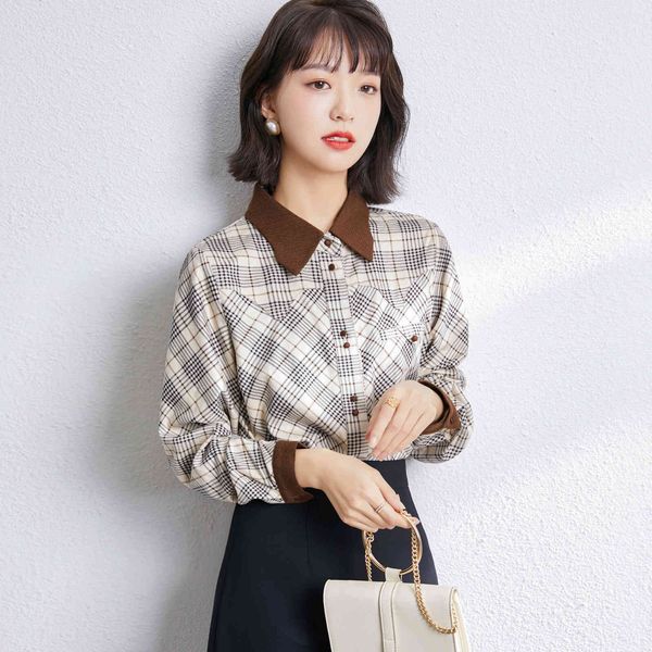 jacket 2021 spring korean style lace up collar loose plaid long-sleeve women's blouses ladies', Black;brown
jacket 2021 spring korean style lace up collar loose plaid long-sleeve women's blouses ladies', Black;brown