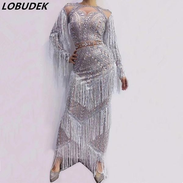 casual dresses luxurious rhinestones tassel long dress women birthday celebrate prom evening party formal singer host stage costume, Black;gray 
casual dresses luxurious rhinestones tassel long dress women birthday celebrate prom evening party formal singer host stage costume, Black;gray
