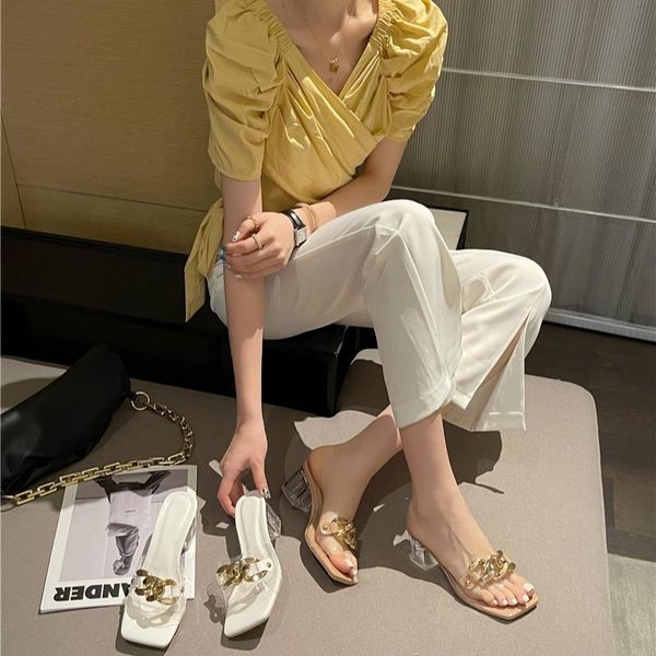 slippers square toe simple transparent sandals women summer style with metal buckle heel women's shoes, Black
slippers square toe simple transparent sandals women summer style with metal buckle heel women's shoes, Black