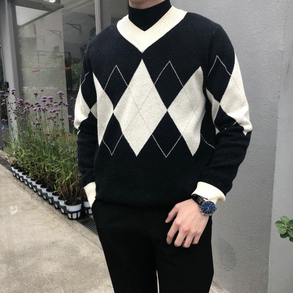 men's sweaters 2021 autumn winter mens argyle pattern warm knitted pullover men vintage casual sweater male knitwear pullovers f448, White;black
men's sweaters 2021 autumn winter mens argyle pattern warm knitted pullover men vintage casual sweater male knitwear pullovers f448, White;black
