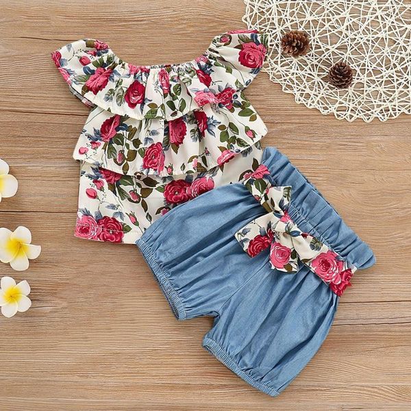 new girl suit european floral chiffon shirt + denim shorts 2 pieces kids baby newborn bow belt short pants children clothing set, Blue
new girl suit european floral chiffon shirt + denim shorts 2 pieces kids baby newborn bow belt short pants children clothing set, Blue
