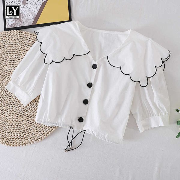 ly varey lin summer women sweet drawstring puff sleeve vintage casual v-neck single breasted embroidery short shirts 210526, White
ly varey lin summer women sweet drawstring puff sleeve vintage casual v-neck single breasted embroidery short shirts 210526, White