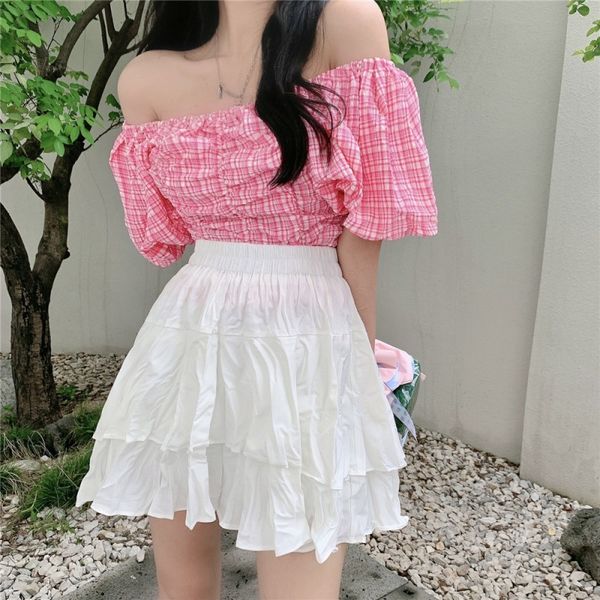 summer two piece set women korean pink plaid slash neck shirt + white cake mini skirt casual elegant sweet suit women 210518
summer two piece set women korean pink plaid slash neck shirt + white cake mini skirt casual elegant sweet suit women 210518