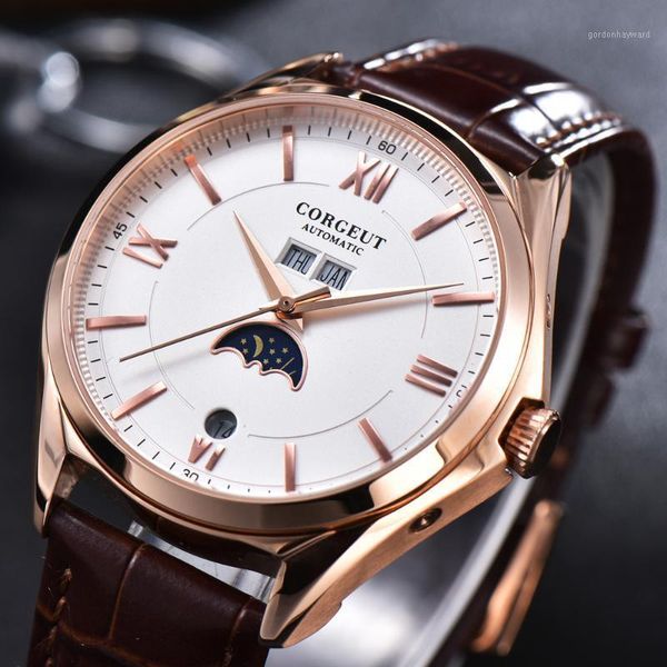 wristwatches corgeut 41mm automatic movement men's watch luxury white dial moon phase date month waterproof men leather strap, Slivery;brown
wristwatches corgeut 41mm automatic movement men's watch luxury white dial moon phase date month waterproof men leather strap, Slivery;brown