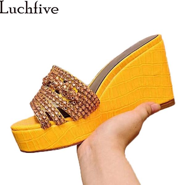 slippers bling wedges high heel woman luxurious rhinestones crystal chain designer mules summer dress party shoes women, Black 
slippers bling wedges high heel woman luxurious rhinestones crystal chain designer mules summer dress party shoes women, Black