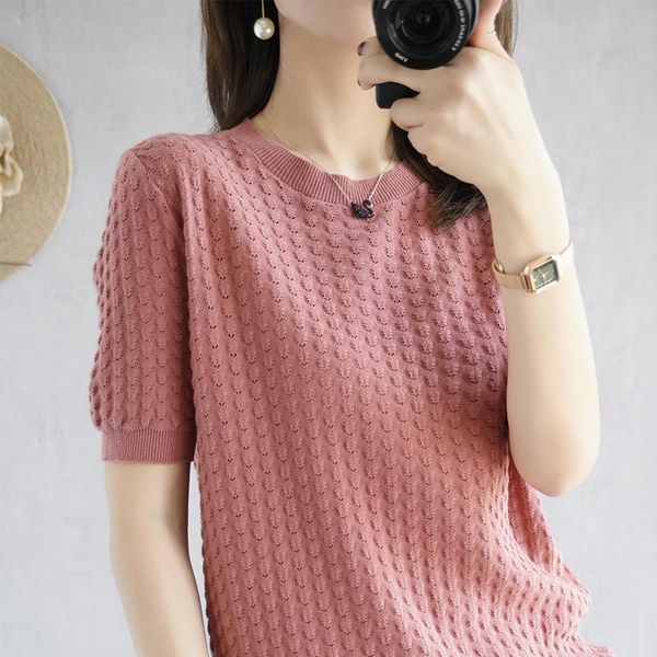 women's t-shirt 2021 summer 100%cotton knit thin short-sleeved round neck large size hollow pure cotton base shirt loose top, White
