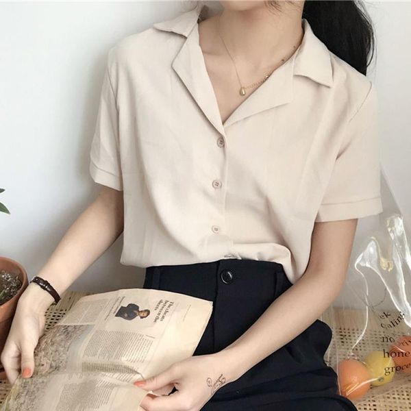 women's blouses & shirts korean chic summer women fresh style temperament small notched short sleeve pure color loose chiffon 2021, White
women's blouses & shirts korean chic summer women fresh style temperament small notched short sleeve pure color loose chiffon 2021, White