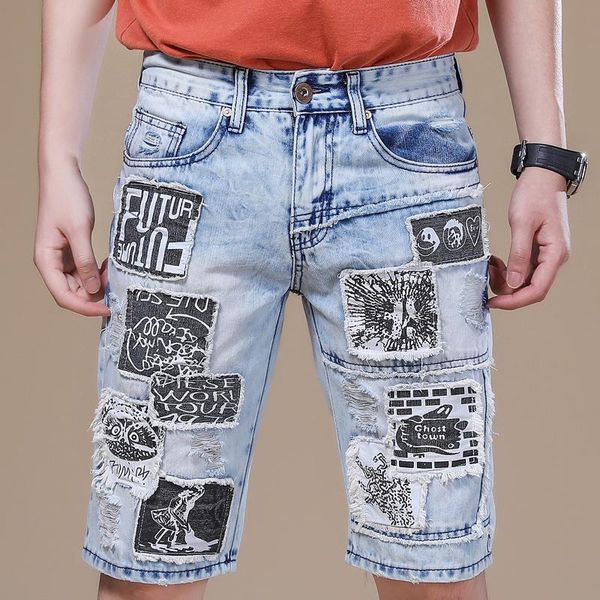men's shorts blue denim fashion badge patch motorcycle patchwork printing slimtrendy cool youth jeans streetwear, White;black
men's shorts blue denim fashion badge patch motorcycle patchwork printing slimtrendy cool youth jeans streetwear, White;black